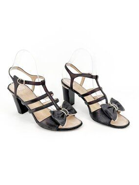 Chanel Pearl Bow Caged Sandals Black Leather Block Heel Size 39.5 US 8.5-9 Women
